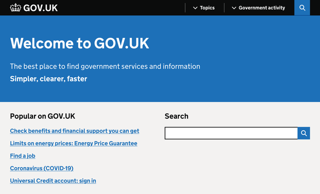 La page principale du site Web GOV.UK. L'en-tête indique : Bienvenue sur GOV.UK, le meilleur endroit pour trouver des services et des informations gouvernementaux.