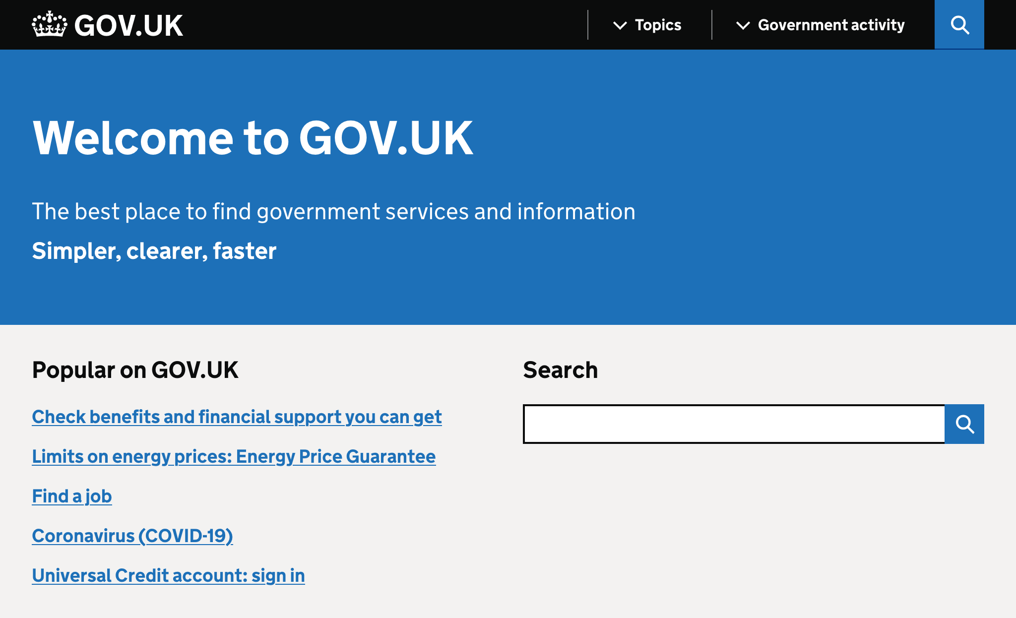 The main page of the GOV.UK website. The header says: Welcome to GOV.UK, the best place to find government services and information.