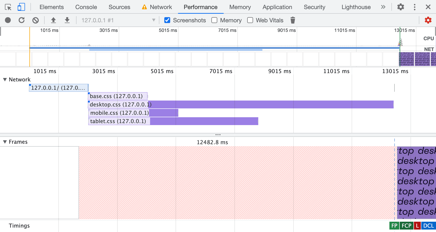 Performance panel in Chrome lists page resources in a waterfall. The page screenshot in a desktop viewport goes right after the desktop.css.
