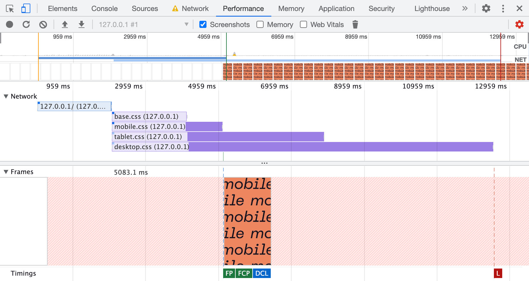 Performance panel in Chrome lists page resources in a waterfall. The page screenshot in a mobile viewport goes right after the mobile.css.