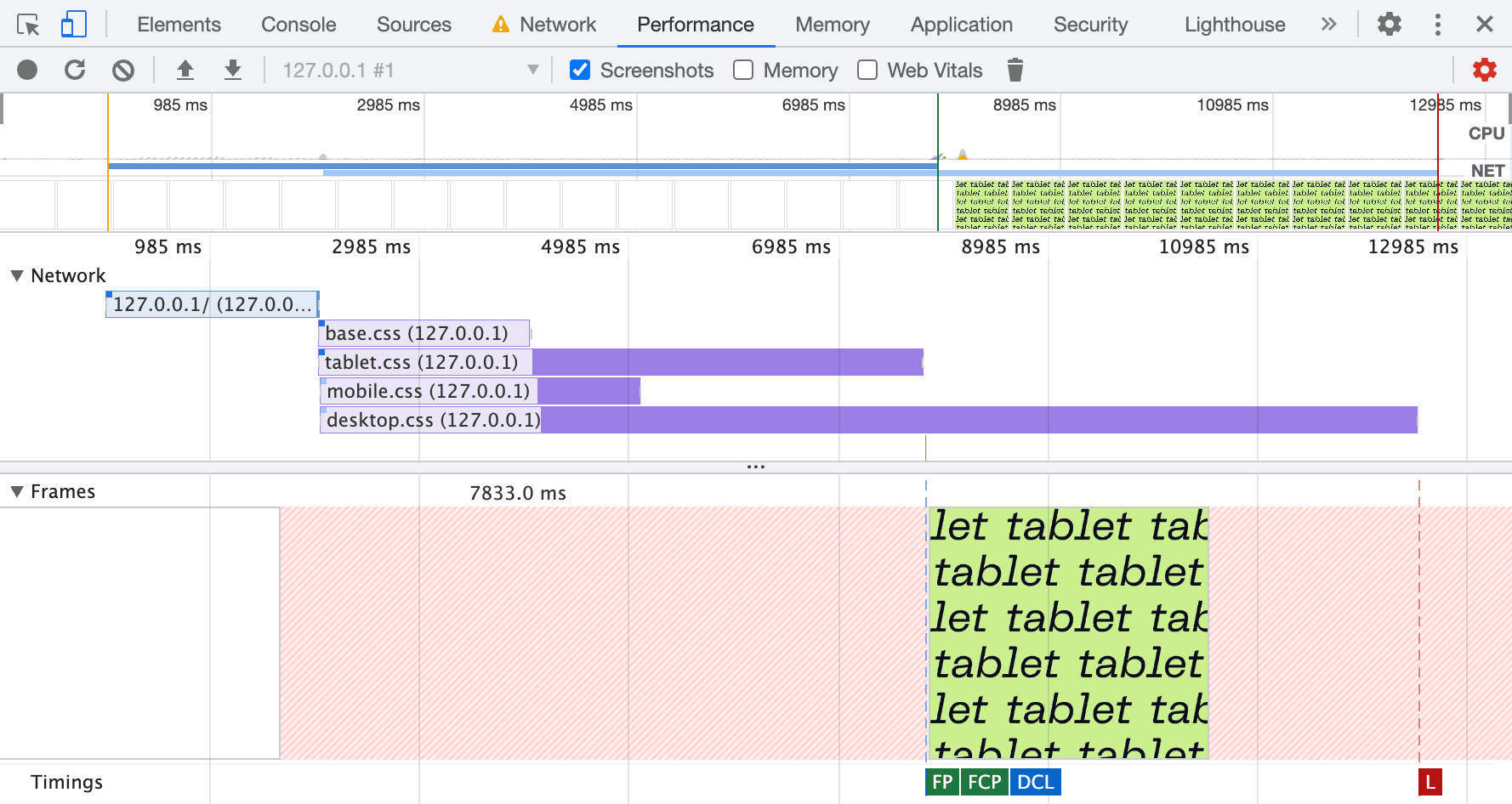 Performance in Chrome panel with the list of page resources in a waterfall. The screenshot of the page in a tablet viewport goes right after the tablet.css.