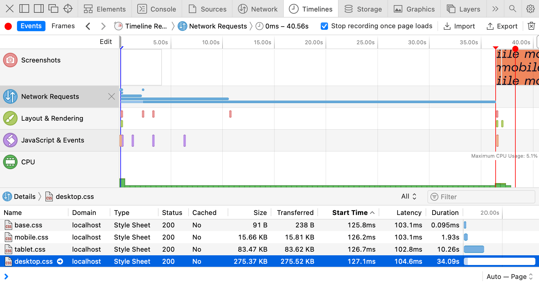Network panel in Safari with the list of CSS files: base.css, mobile.css with “highest” priority, then tablet.css, desktop.css with “lowest” priority.