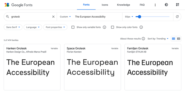 Google Fonts main page with the “grotesk” as a search keyword and “The European Accessibility” as a sample.
