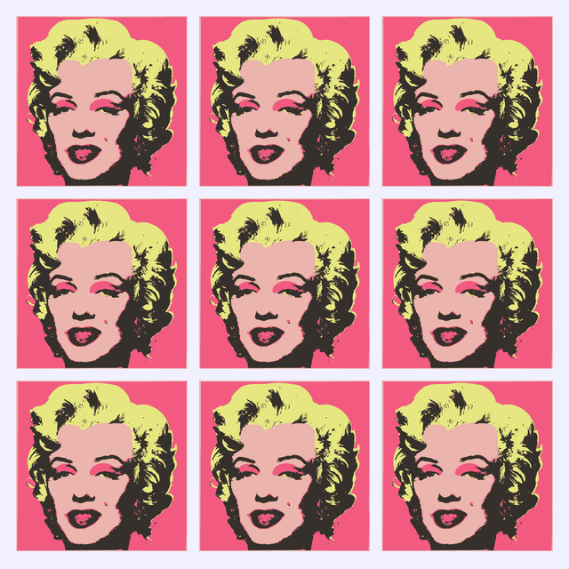 The same three by three grid, but all nine portraits are identical: pink background, yellow hair, flesh-toned face, and a near-black ink plate.