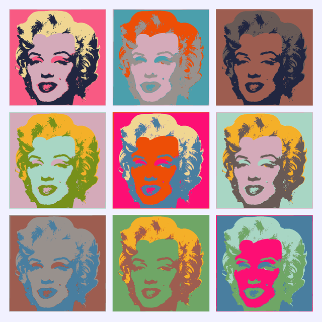 Nine Marilyn Monroe portraits in a three by three grid, each in a different set of colors: pink and yellow, turquoise and orange, plum and navy, lilac and sky blue, magenta and orange, mint and amber, grey and slate blue, green and brick red, teal and magenta.