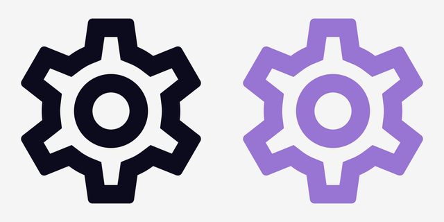 Two contour icons in a row: cogwheel in black, cogwheel in purple.
