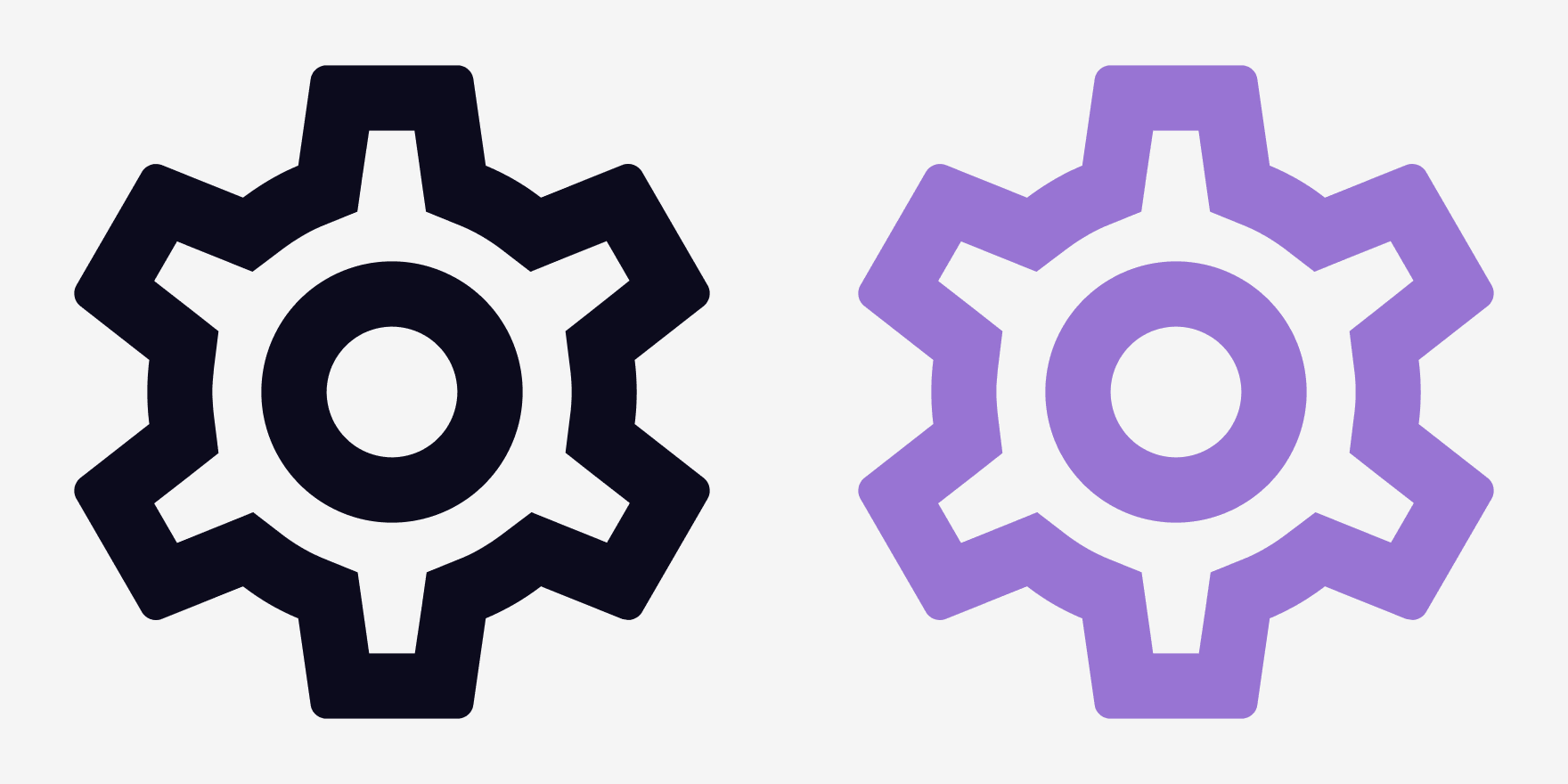 Two contour icons in a row: cogwheel in black, cogwheel in purple.