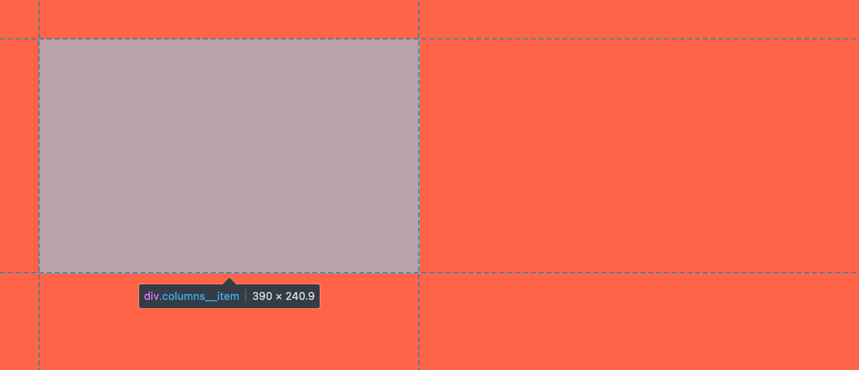 DevTool’s overlay box with the class name and dimensions over an invisible news card on a tomato background.