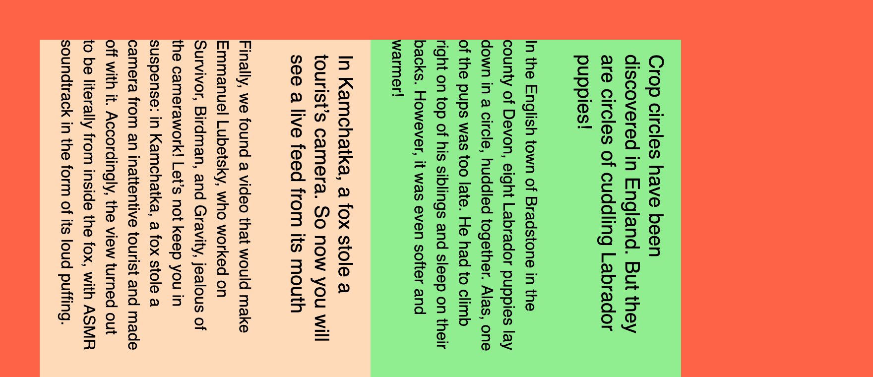 Green and peach news cards in a row on a tomato background, but peach goes first, there’s no gap, and each card is rotated 90 degrees clockwise.