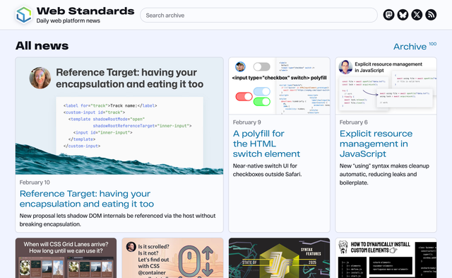 The Web Standards homepage with news cards showing cover images, dates, titles, and summaries. The archive link in the corner says 100.