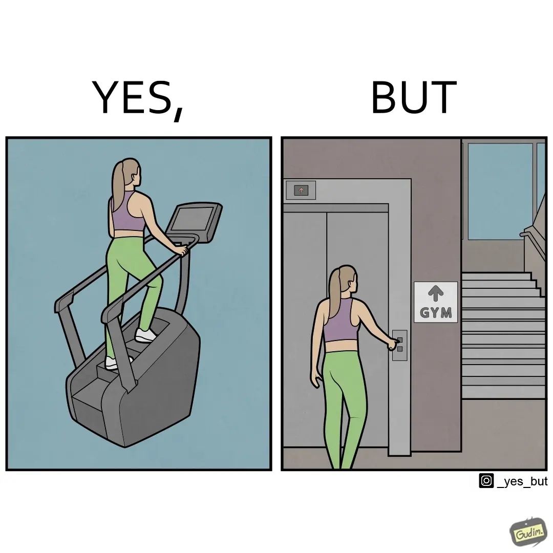 Yes: a woman working out in a gym. But: the same woman pressing calling an elevator next to the stairs.
